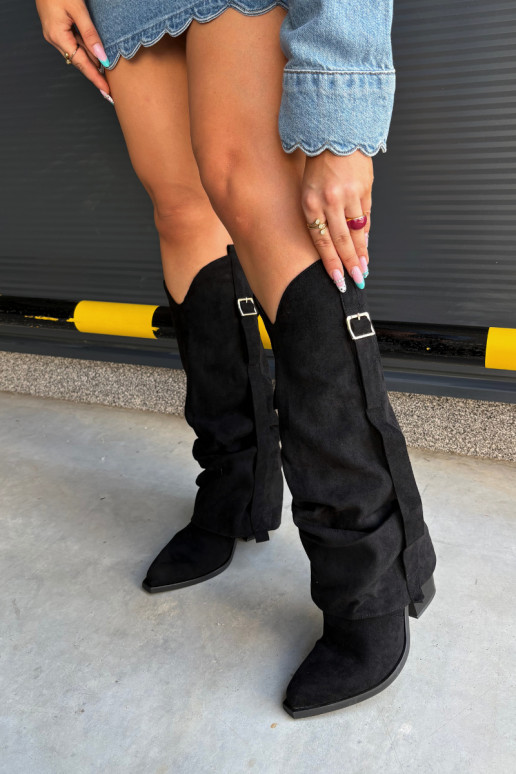 Bottes noires pour femmes jusqu'au genou avec talons et boucles Caster