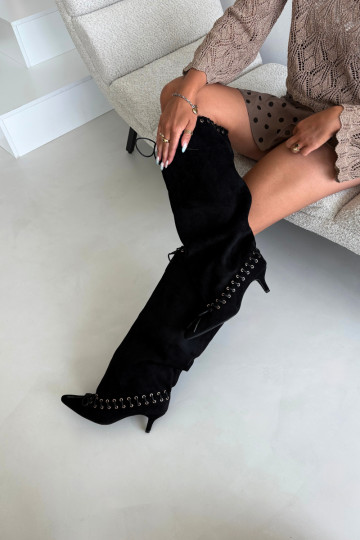 Bottes longues à talon moyen en daim synthétique avec lacets décoratifs couleur noire Juletta 2
