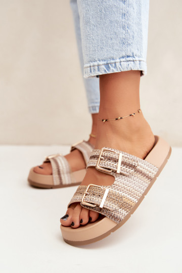 Chaussons dorés pour femmes avec boucles et plateforme en sable et marron Meretta 2