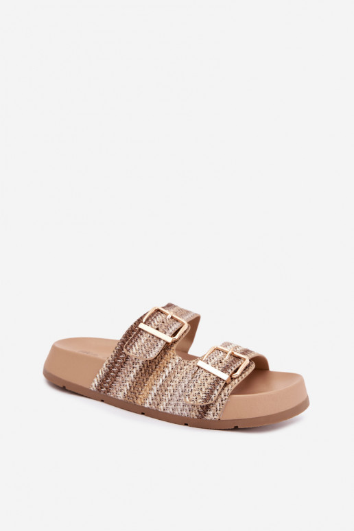 Chaussons dorés pour femmes avec boucles et plateforme en sable et marron Meretta