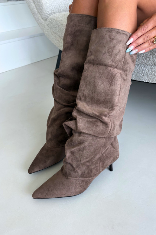 Bottes hautes froissées kaki avec talon kitten en daim LoĮen