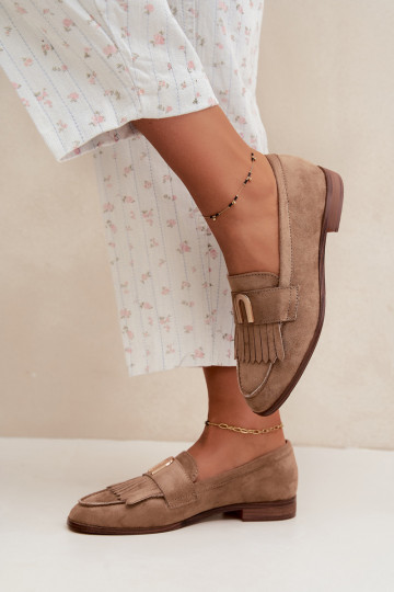 Mocassins beiges pour femmes avec franges et détails dorés Brenis