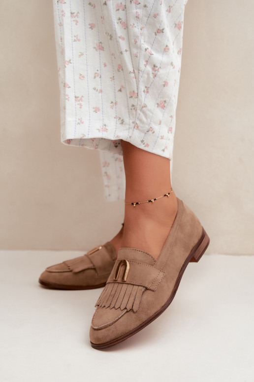 Mocassins beiges pour femmes avec franges et détails dorés Brenis