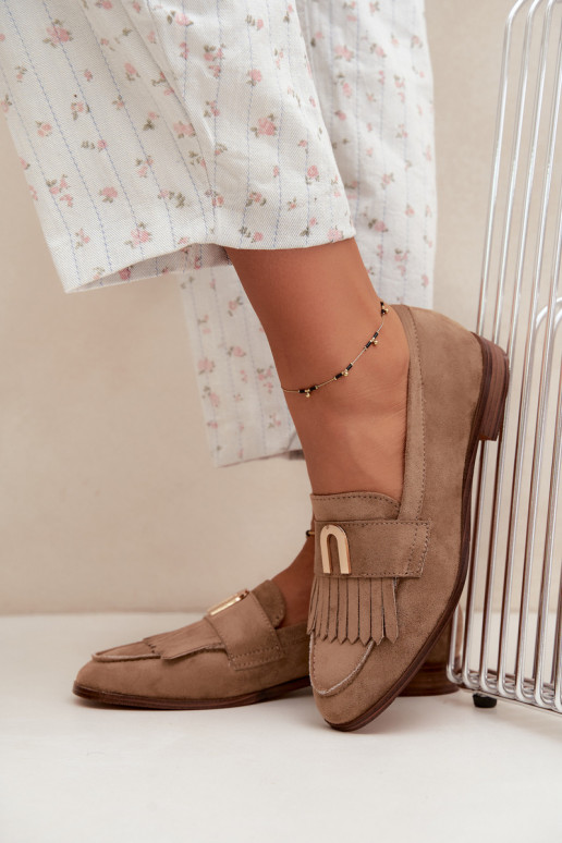 Mocassins beiges pour femmes avec franges et détails dorés Brenis