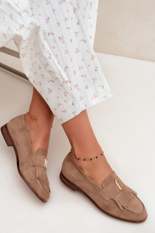 Mocassins beiges pour femmes avec franges et détails dorés Brenis