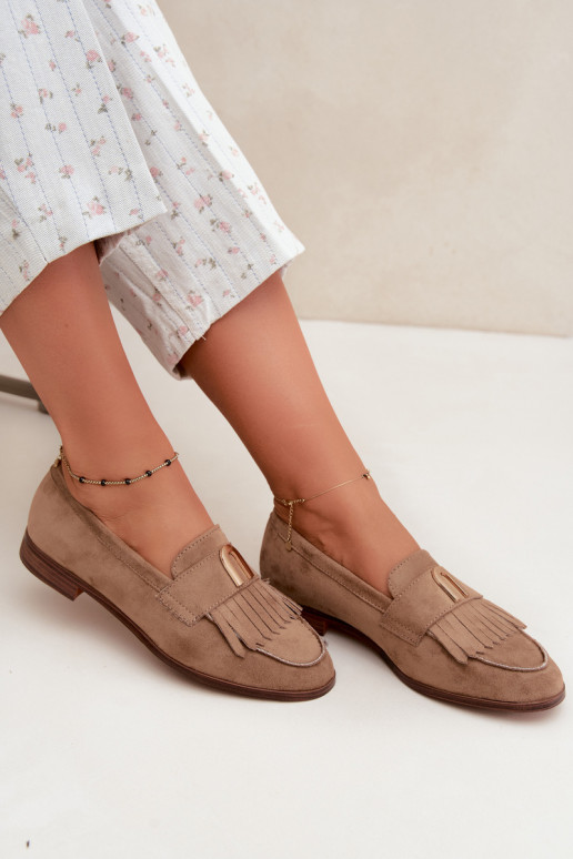 Mocassins beiges pour femmes avec franges et détails dorés Brenis