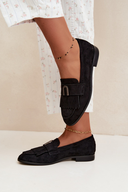 Mocassins noirs pour femmes avec franges et détails dorés Brenis