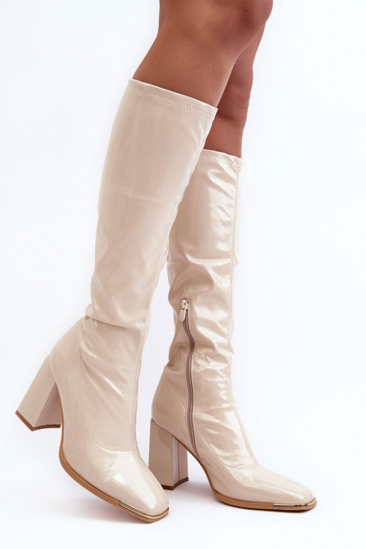 Bottes hautes couleur sable avec talons et effet verni Mlokva