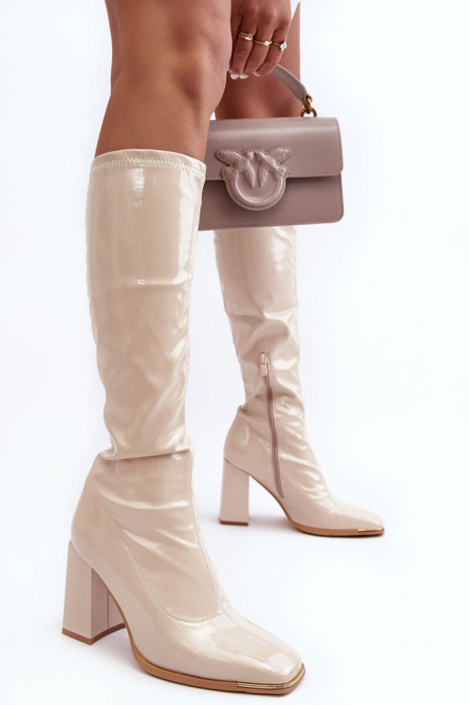 Bottes hautes couleur sable avec talons et effet verni Mlokva