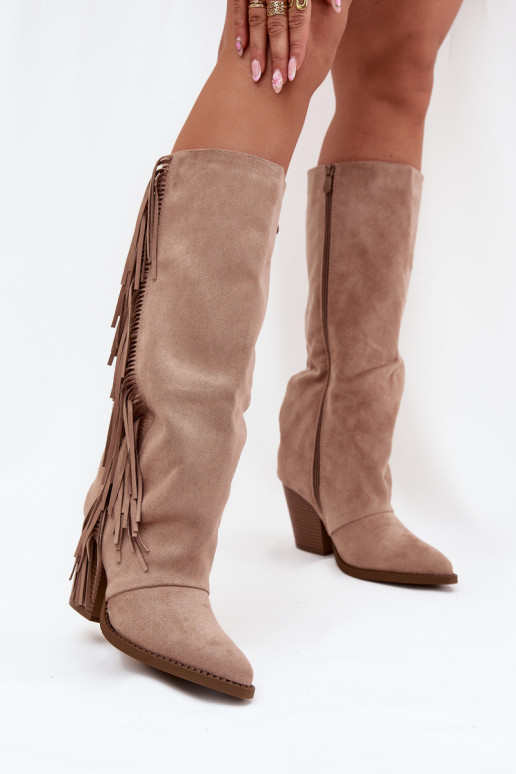 Bottes hautes couleur sable de style cowboy avec talons et franges Tivara