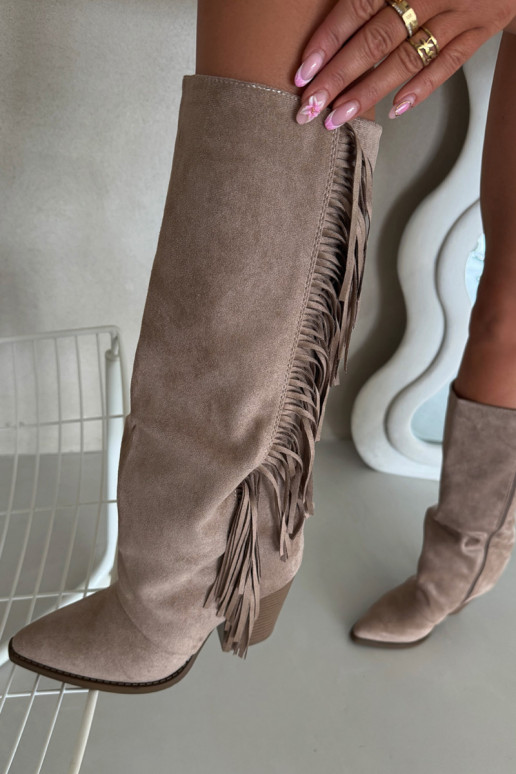 Bottes hautes couleur sable de style cowboy avec talons et franges Tivara