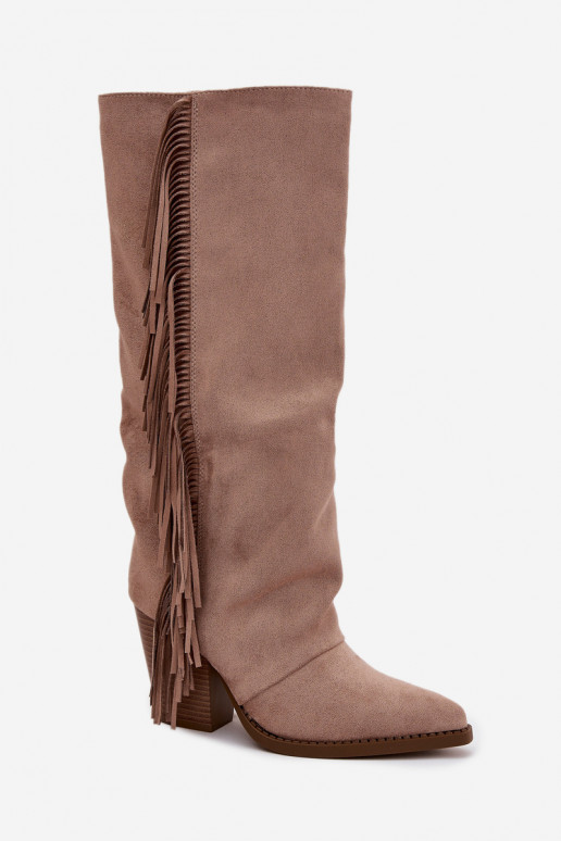 Bottes hautes couleur sable de style cowboy avec talons et franges Tivara