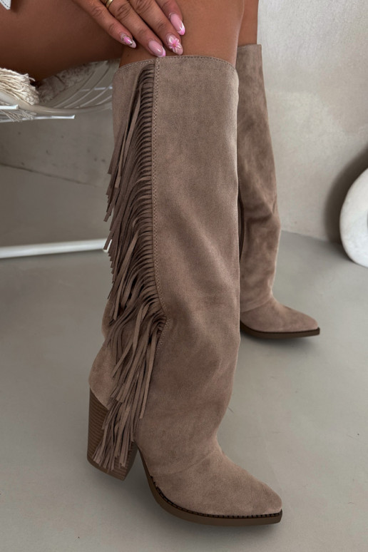 Bottes hautes couleur sable de style cowboy avec talons et franges Tivara