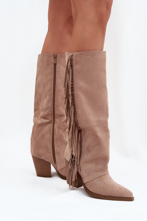 Bottes hautes couleur sable de style cowboy avec talons et franges Tivara