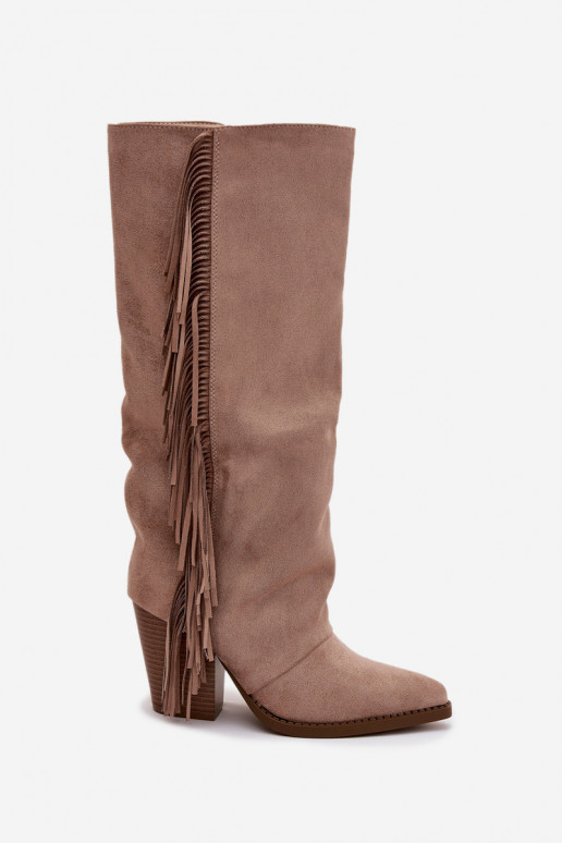 Bottes hautes couleur sable de style cowboy avec talons et franges Tivara