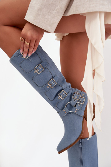 Bottes hautes en denim de style cowboy avec talons et boucles Fivelle