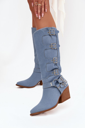 Bottes hautes en denim de style cowboy avec talons et boucles Fivelle 2