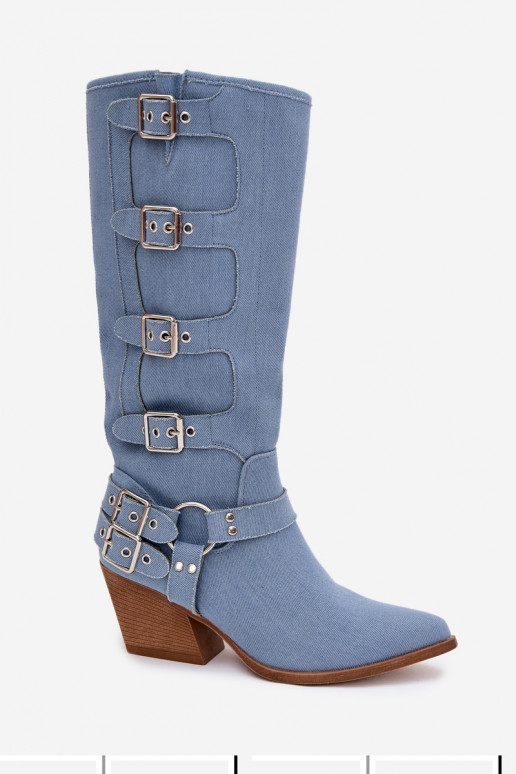 Bottes hautes en denim de style cowboy avec talons et boucles Fivelle