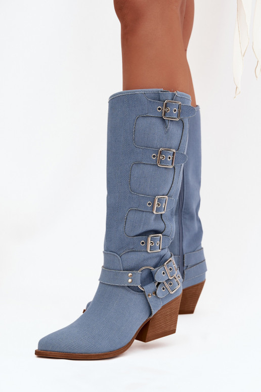 Bottes hautes en denim de style cowboy avec talons et boucles Fivelle
