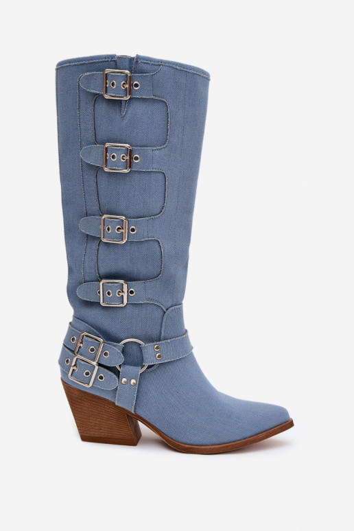 Bottes hautes en denim de style cowboy avec talons et boucles Fivelle
