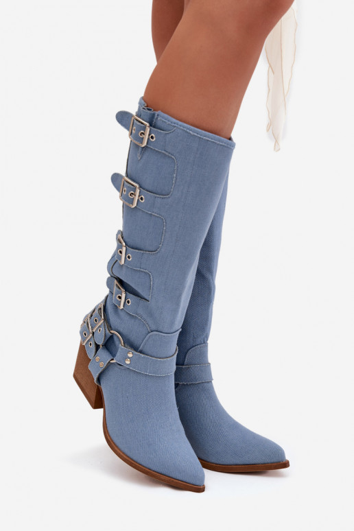 Bottes hautes en denim de style cowboy avec talons et boucles Fivelle