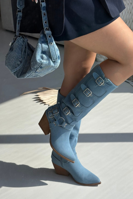 Bottes hautes en denim de style cowboy avec talons et boucles Fivelle
