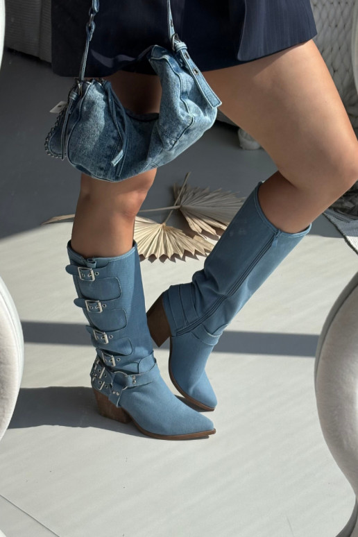 Bottes hautes en denim de style cowboy avec talons et boucles Fivelle