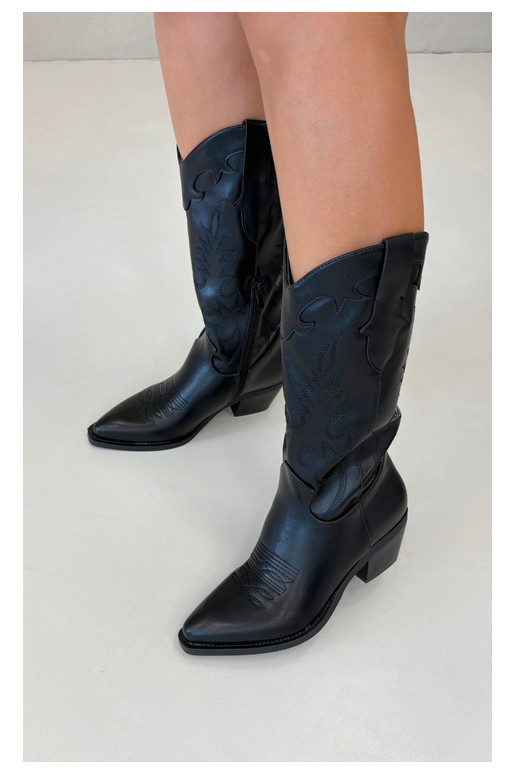 Bottes hautes de style cowboy avec talons en cuir synthétique noir Jarissa