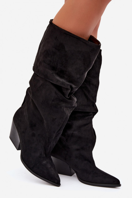 Bottes au-dessus du genou pour femmes avec partie supérieure incurvée et talons en daim couleur noire Durela