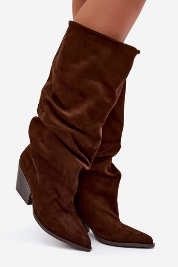 Bottes hautes pour femmes avec un dessus courbé et des talons en daim, marron Durela 2