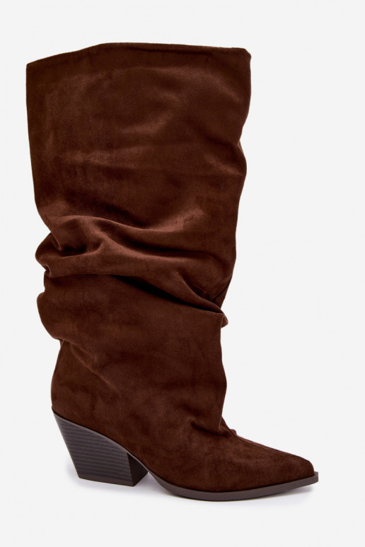 Bottes hautes pour femmes avec un dessus courbé et des talons en daim, marron Durela