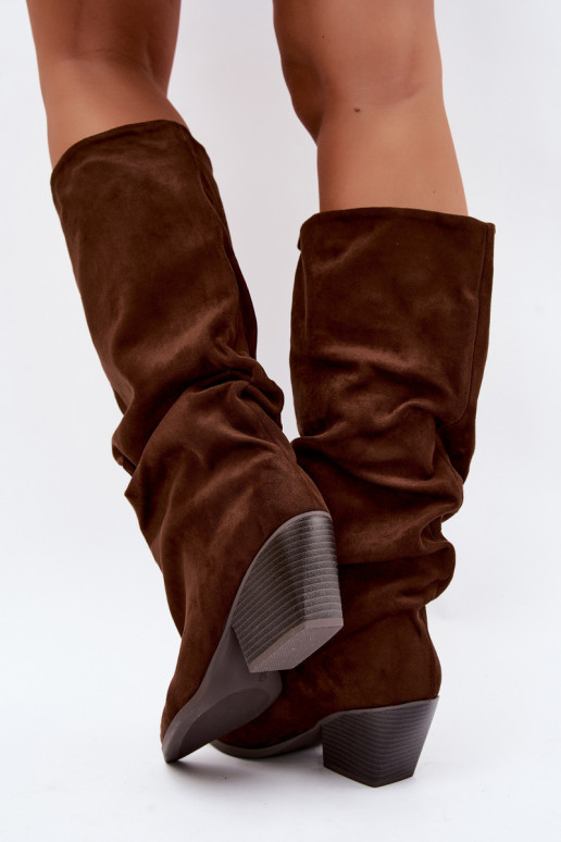 Bottes hautes pour femmes avec un dessus courbé et des talons en daim, marron Durela