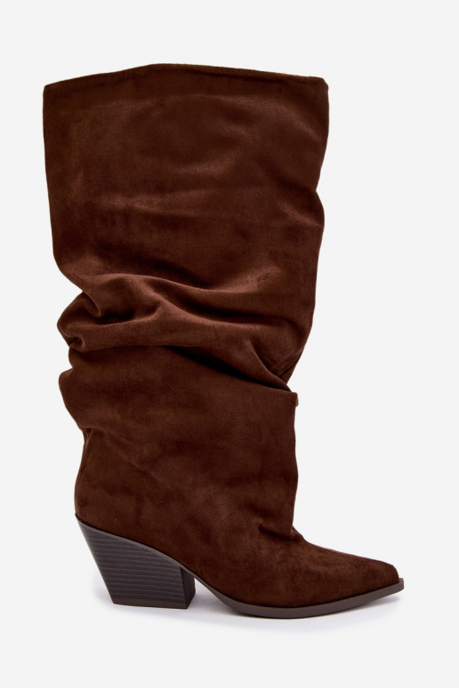 Bottes hautes pour femmes avec un dessus courbé et des talons en daim, marron Durela