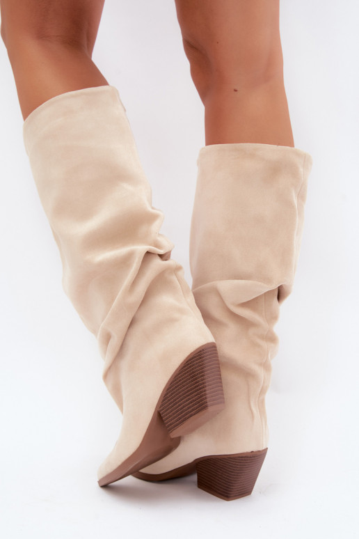 Bottes au-dessus du genou pour femmes avec partie supérieure incurvée et talons en daim couleur sable Durela