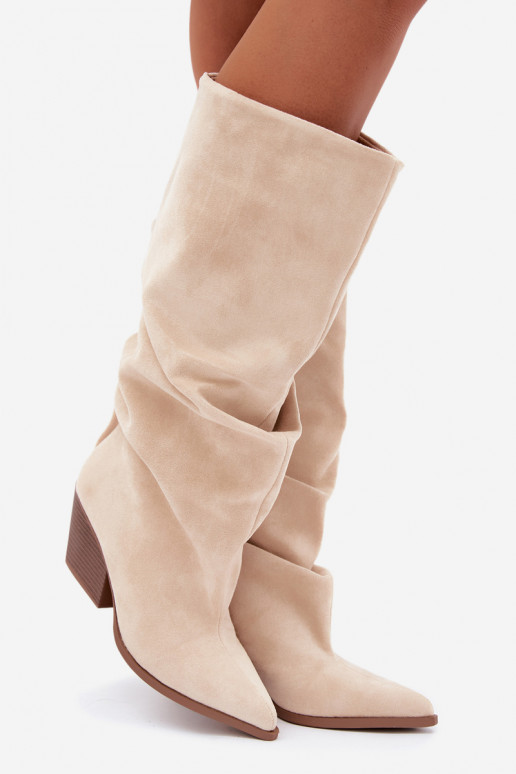 Bottes au-dessus du genou pour femmes avec partie supérieure incurvée et talons en daim couleur sable Durela