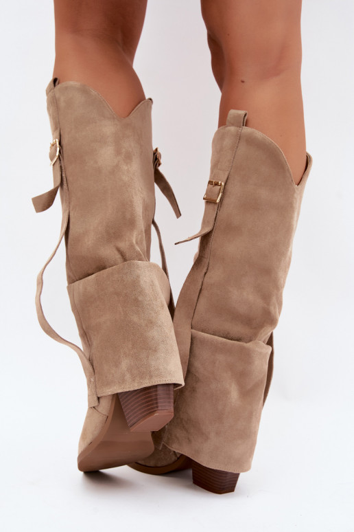 Bottes au-dessus du genou pour femmes avec talons, volants et boucles couleur sable Caster