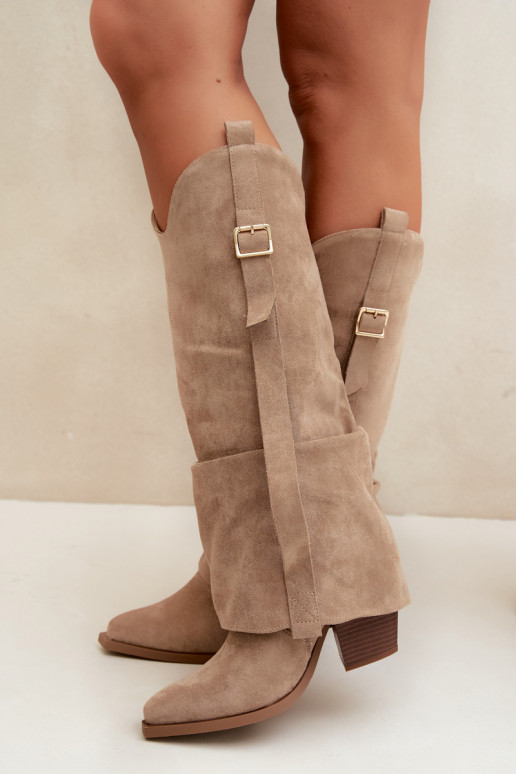 Bottes au-dessus du genou pour femmes avec talons, volants et boucles couleur sable Caster