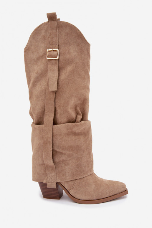 Bottes au-dessus du genou pour femmes avec talons, volants et boucles couleur sable Caster