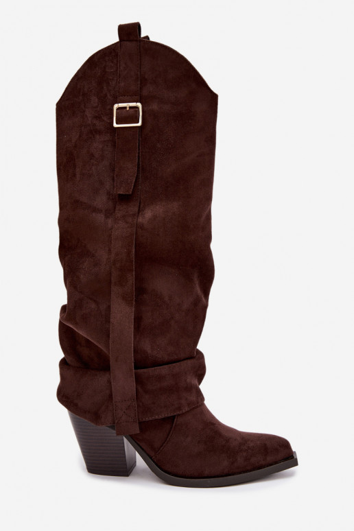 Bottes au-dessus du genou pour femmes avec talons, volants et boucles couleur chocolat Caster