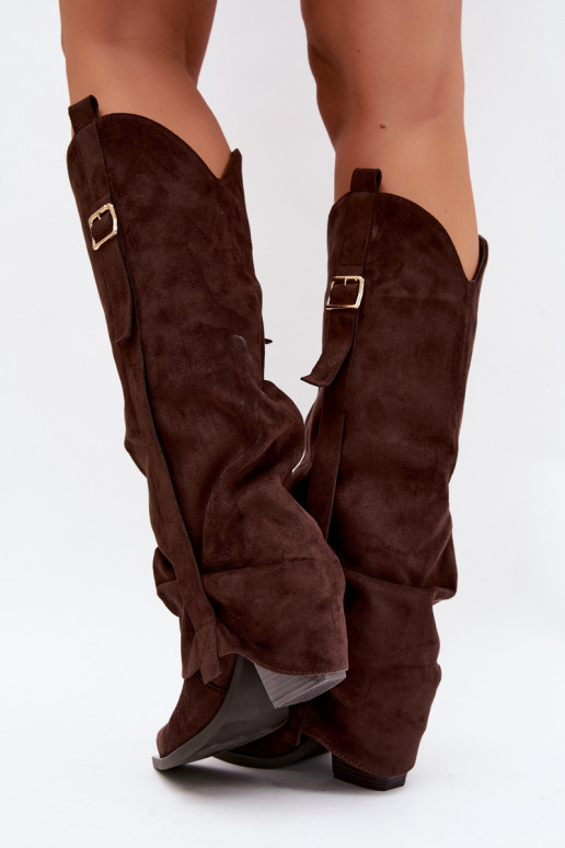 Bottes au-dessus du genou pour femmes avec talons, volants et boucles couleur chocolat Caster