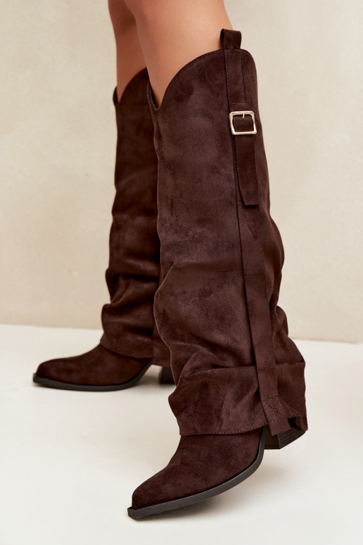 Bottes au-dessus du genou pour femmes avec talons, volants et boucles couleur chocolat Caster
