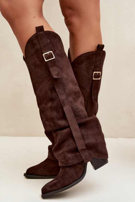 Bottes au-dessus du genou pour femmes avec talons, volants et boucles couleur chocolat Caster