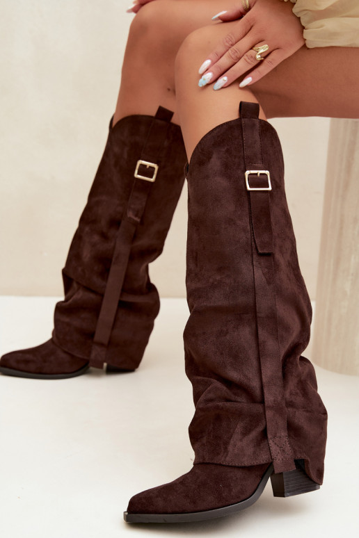 Bottes au-dessus du genou pour femmes avec talons, volants et boucles couleur chocolat Caster