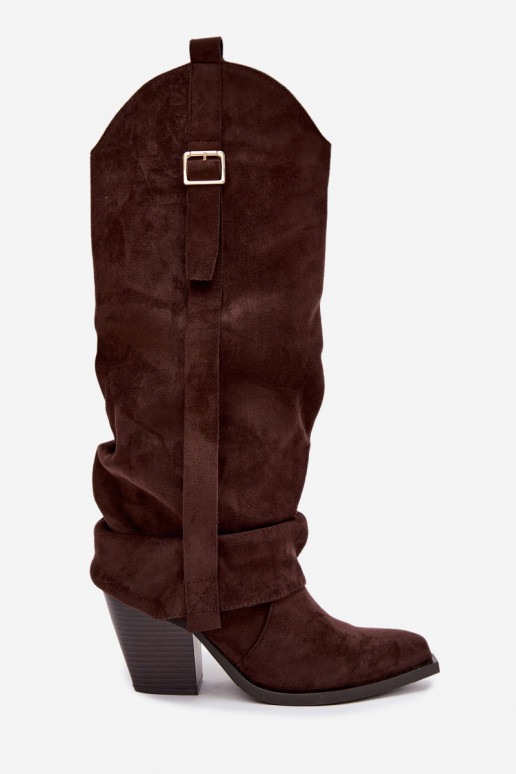 Bottes au-dessus du genou pour femmes avec talons, volants et boucles couleur chocolat Caster