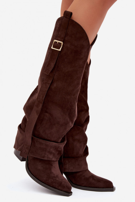 Bottes au-dessus du genou pour femmes avec talons, volants et boucles couleur chocolat Caster
