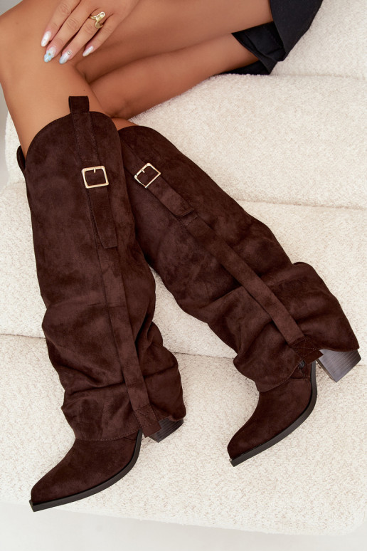 Bottes au-dessus du genou pour femmes avec talons, volants et boucles couleur chocolat Caster