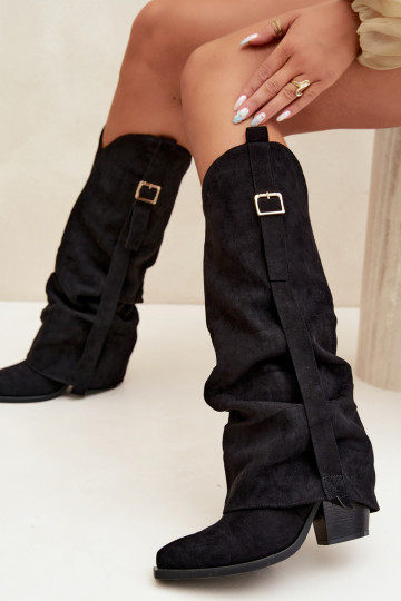 Bottes noires pour femmes jusqu'au genou avec talons et boucles Caster