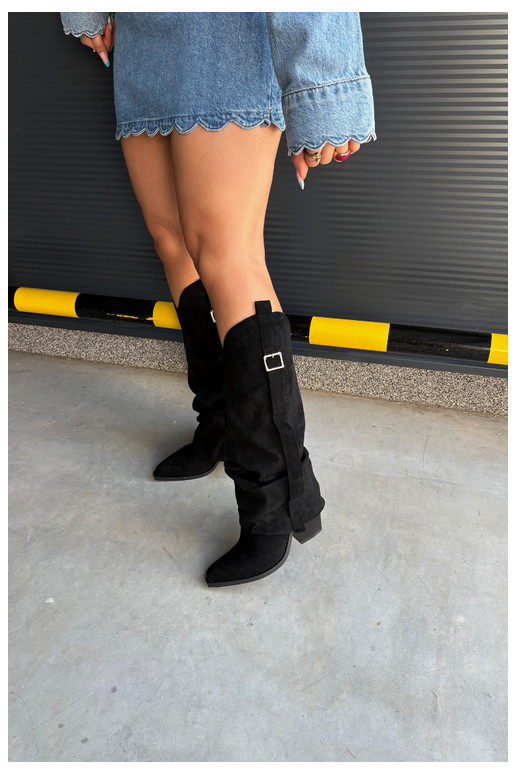 Bottes noires pour femmes jusqu'au genou avec talons et boucles Caster