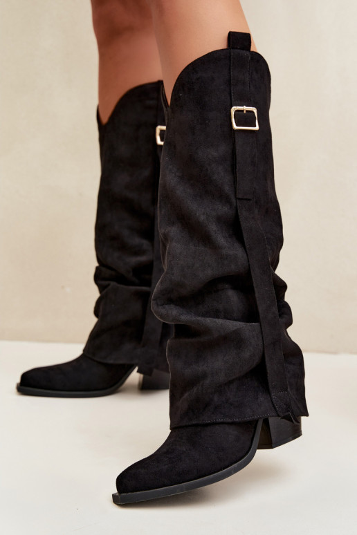 Bottes noires pour femmes jusqu'au genou avec talons et boucles Caster
