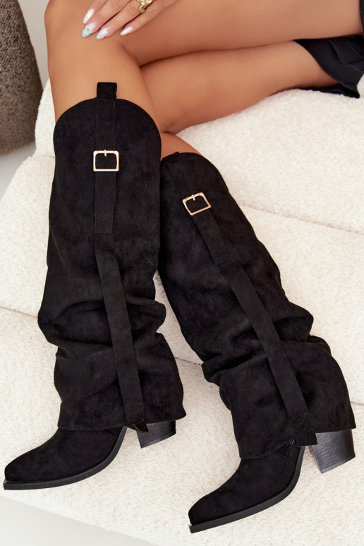 Bottes noires pour femmes jusqu'au genou avec talons et boucles Caster